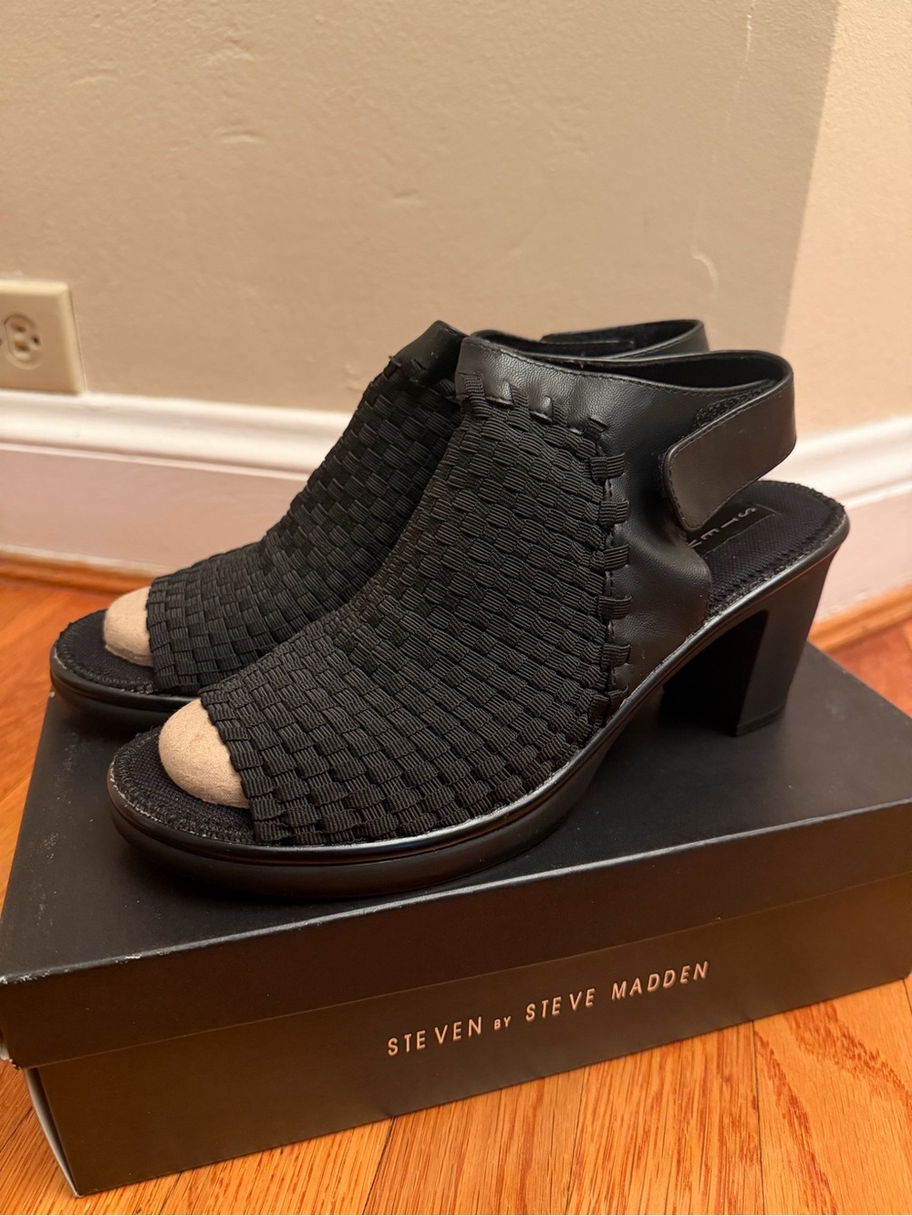 Steve Madden Black Woven Open-Toe Block Heel Slingback Boots